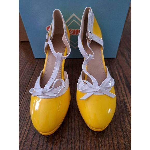 New 10.5 Foremode Yellow White High Heel Mary Jane Platform Pump Dress S… - Picture 7 of 10
